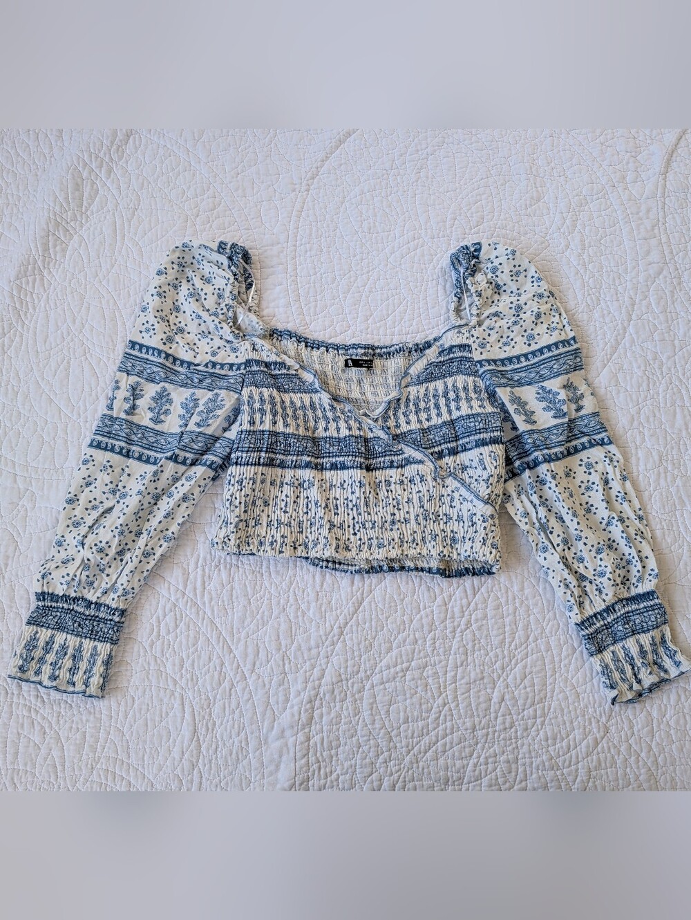 Zara Blue and White Long Sleeve Floral Smocked Crop Top